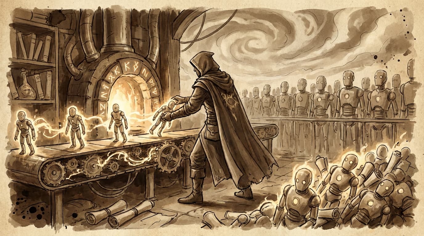 Ilustração em aquarela sépia de uma figura encapuzada montando bonecos robóticos idênticos em uma esteira mecânica mágica, com uma fileira de robôs iguais ao fundo.